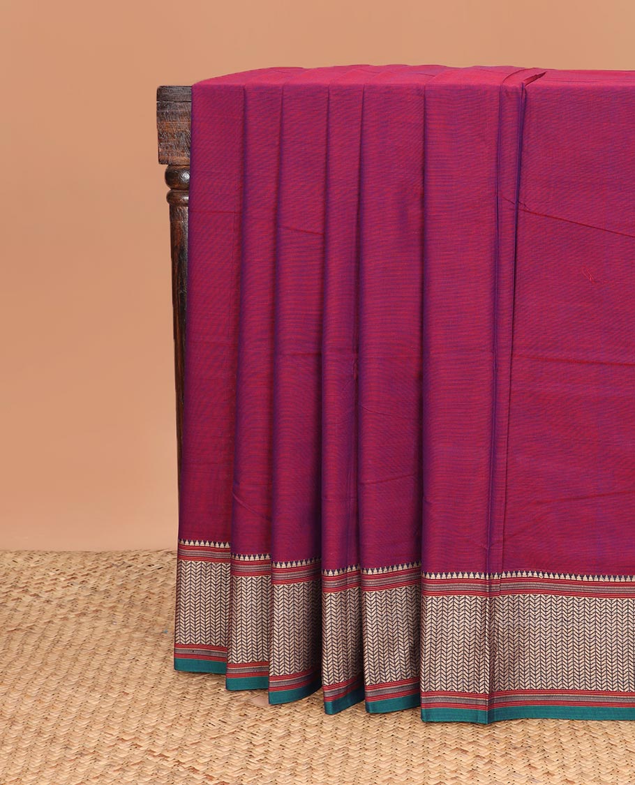 Maroon plain Narayanapet cotton saree, contrast geometric border, and striped pallu
