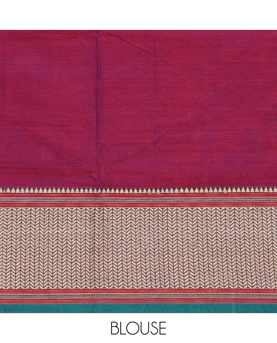 Maroon plain Narayanapet cotton saree, contrast geometric border, and striped pallu