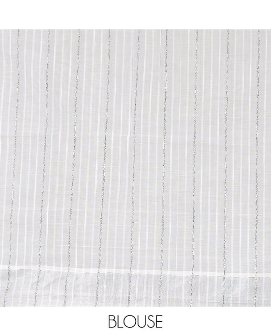 Cream hand brushing style floral printed jute cotton saree, zari with printed border, and striped pallu