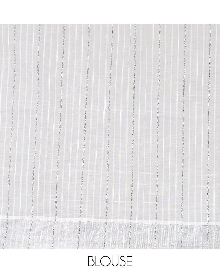 Cream hand brushing style floral printed jute cotton saree, zari with printed border, and striped pallu