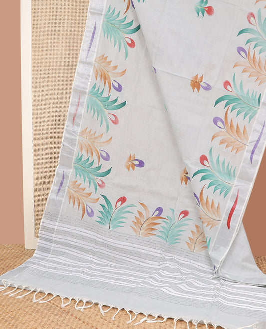 Cream hand brushing style floral printed jute cotton saree, zari with printed border, and striped pallu