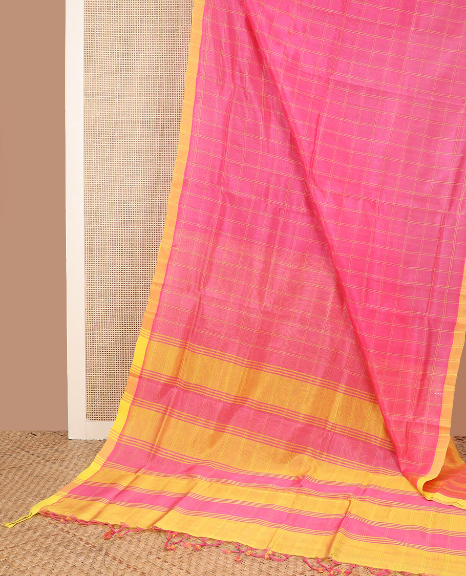 Pink checked Mangalagiri Cotton saree, contrast border, and striped pallu