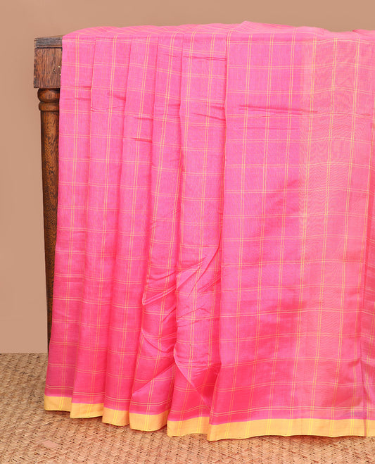 Pink checked Mangalagiri Cotton saree, contrast border, and striped pallu