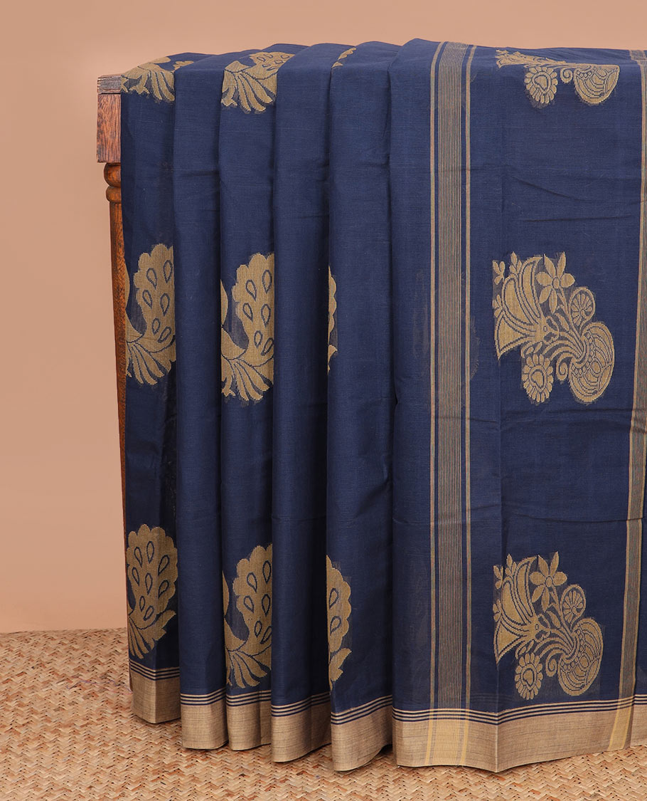 Navy blue peacock buttas kanchi cotton saree, contrast plain border, and floral potted pallu