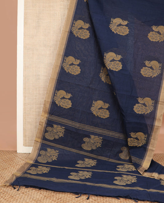 Navy blue peacock buttas kanchi cotton saree, contrast plain border, and floral potted pallu