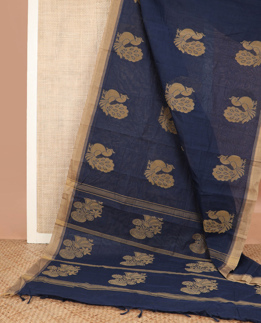 Navy blue peacock buttas kanchi cotton saree, contrast plain border, and floral potted pallu