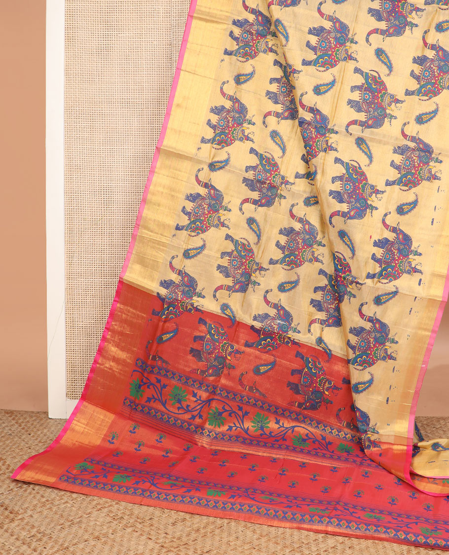 Sandal elephant printed Andhra cotton saree, contrast bavanji border, and pallu of floral designs