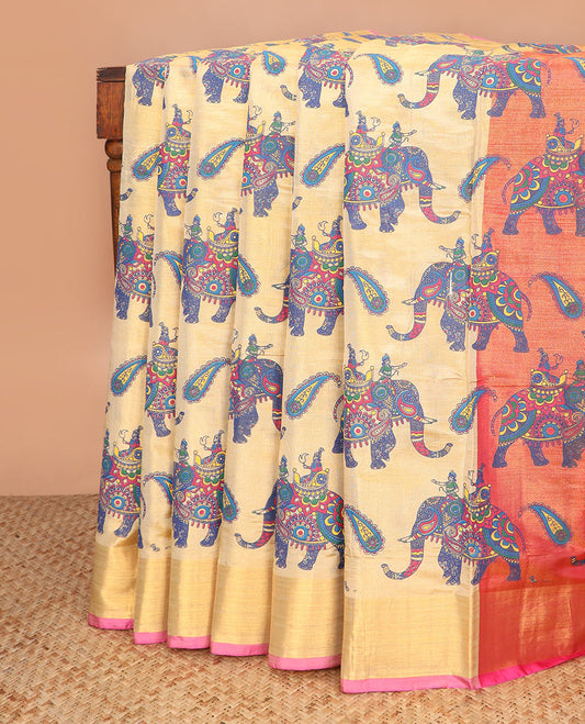 Sandal elephant printed Andhra cotton saree, contrast bavanji border, and pallu of floral designs