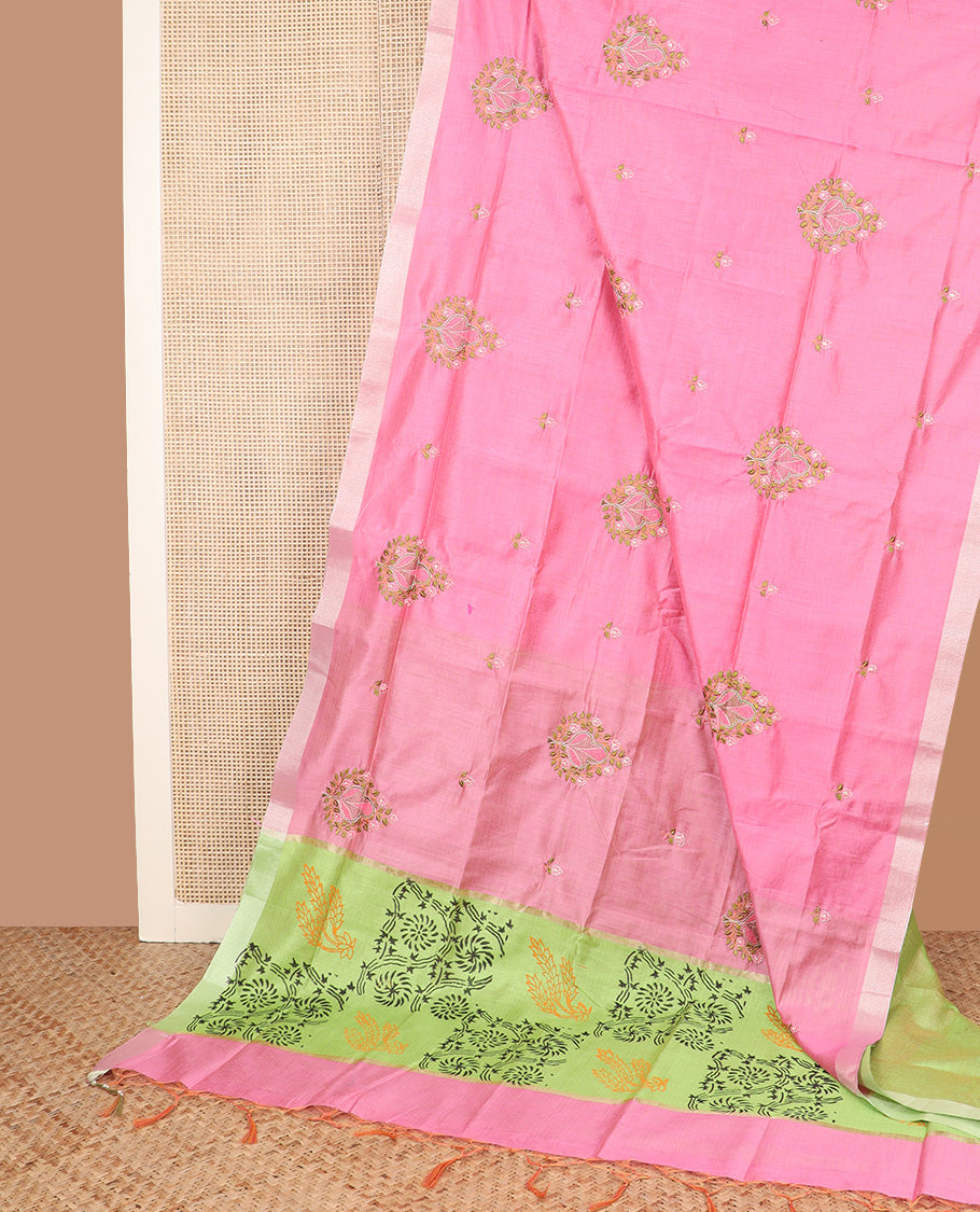 Rose milk pink embroidered chirala cotton saree, plain border, and contrast block printed pallu