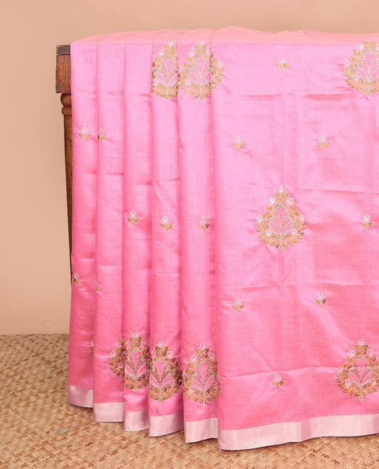 Rose milk pink embroidered chirala cotton saree, plain border, and contrast block printed pallu