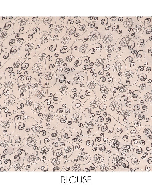 Black leaf motifs machine-printed kalamkari cotton saree, printed border, and pallu of floral vine and peacock print