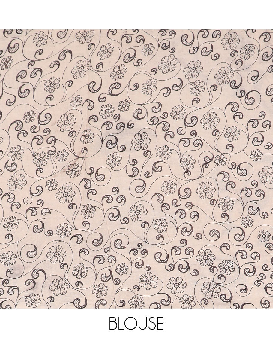 Black leaf motifs machine-printed kalamkari cotton saree, printed border, and pallu of floral vine and peacock print