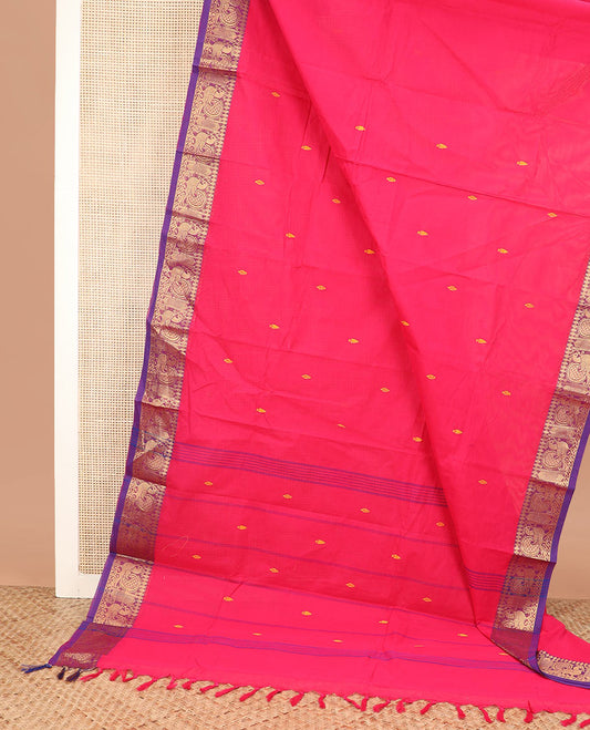 Pink thread buttas Chettinad cotton saree, contrast traditional zari design border, and striped pallu