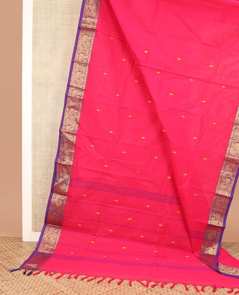 Pink thread buttas Chettinad cotton saree, contrast traditional zari design border, and striped pallu