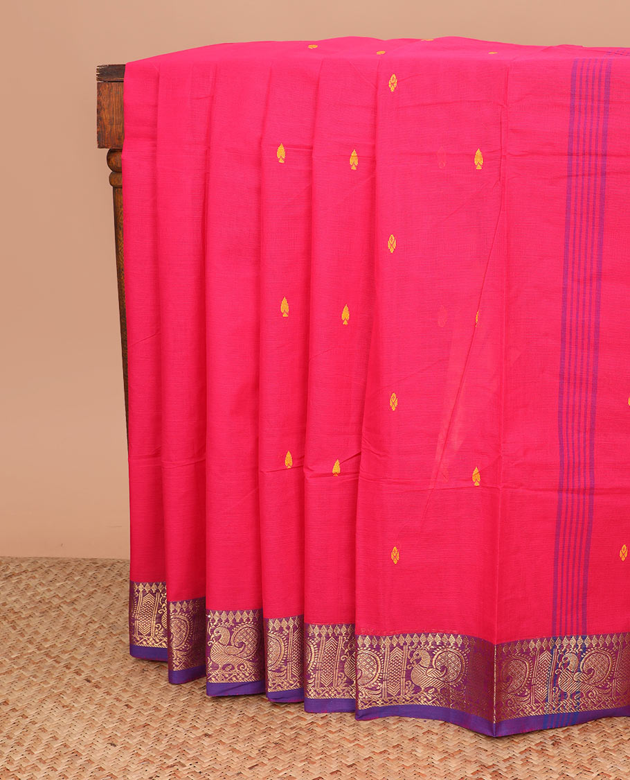 Pink thread buttas Chettinad cotton saree, contrast traditional zari design border, and striped pallu