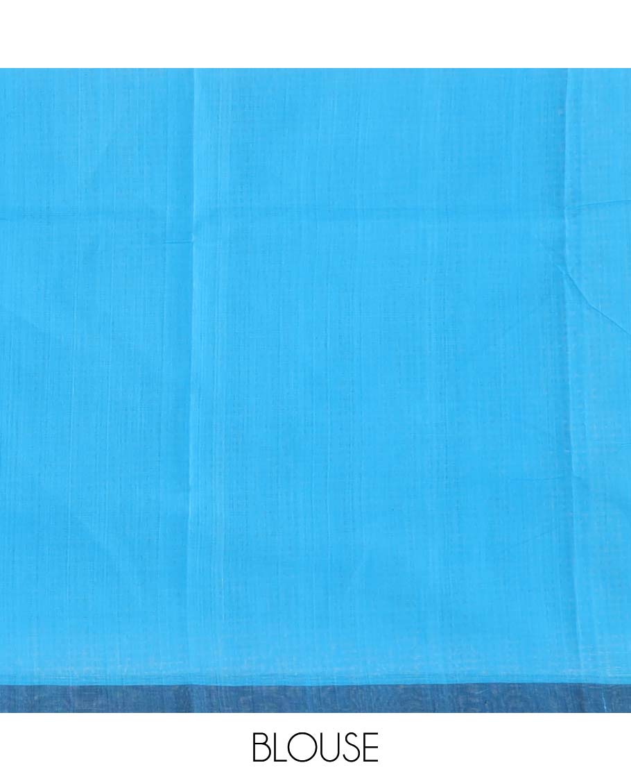 Blue plain Mangalagiri cotton saree with contrast plain border, and striped pallu