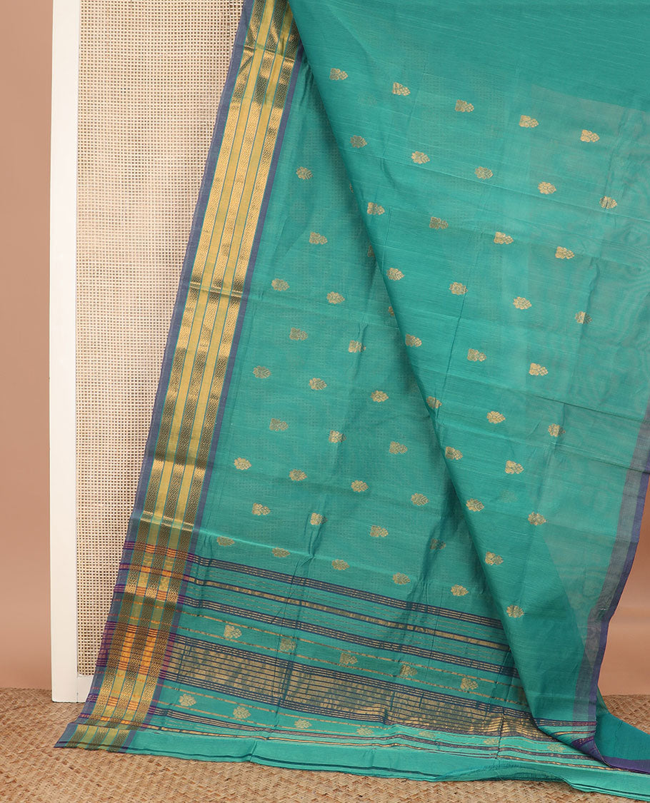 Green zari buttas Venkatagiri cotton saree, contrast traditional zari border, and striped pallu