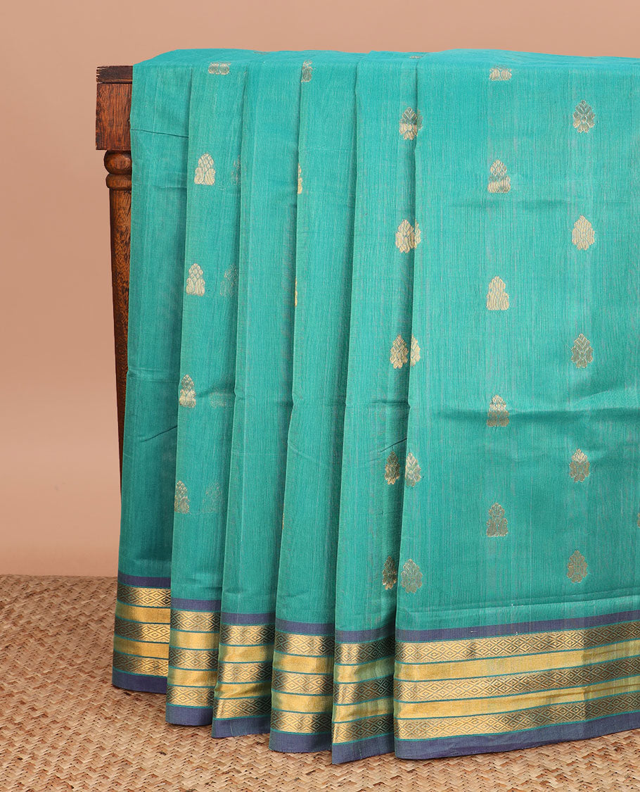 Green zari buttas Venkatagiri cotton saree, contrast traditional zari border, and striped pallu