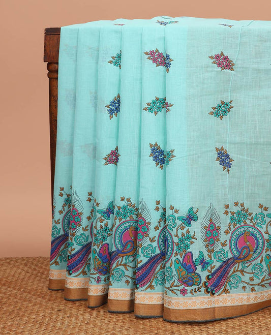 Blue colorful floral and peacock printed chirala cotton saree, contrast border, and pallu of floral print