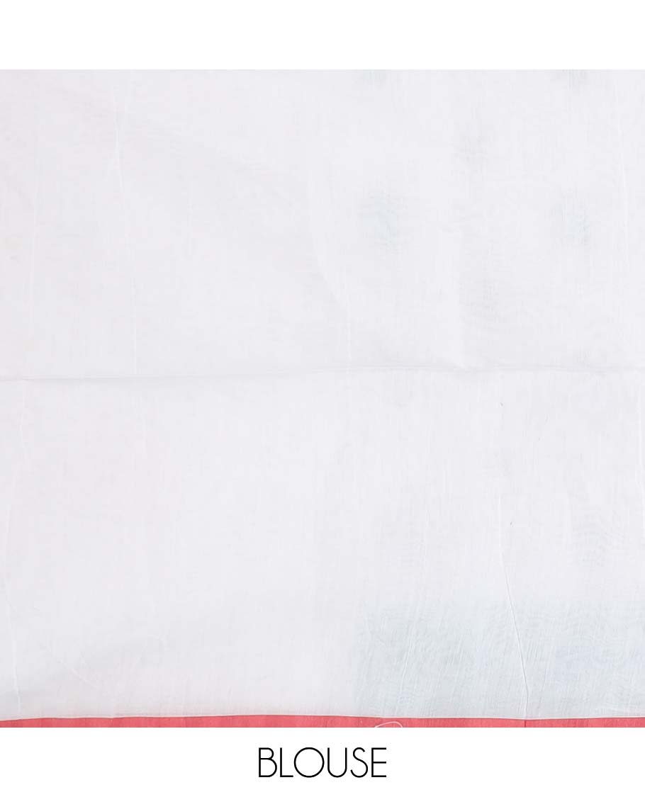 White and rama motifs printed linen cotton saree, contrast temple geometric patterns printed border, and pallu of human doll and geometric print