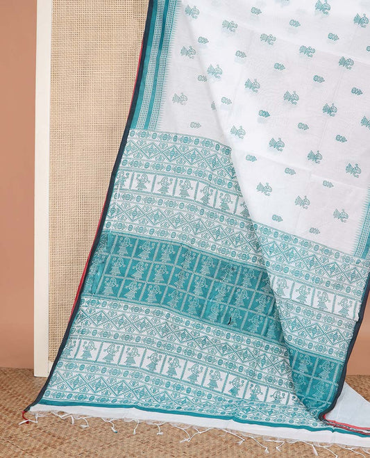 White and rama motifs printed linen cotton saree, contrast temple geometric patterns printed border, and pallu of human doll and geometric print