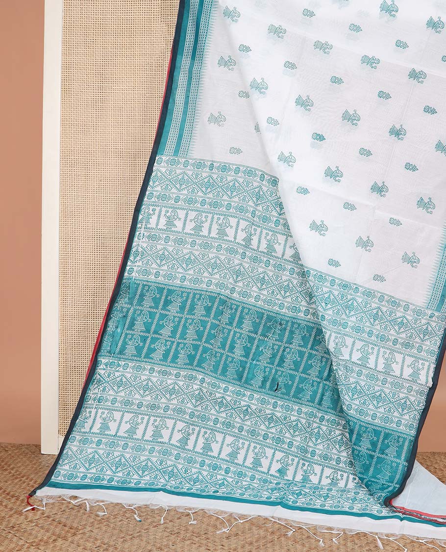 White and rama motifs printed linen cotton saree, contrast temple geometric patterns printed border, and pallu of human doll and geometric print