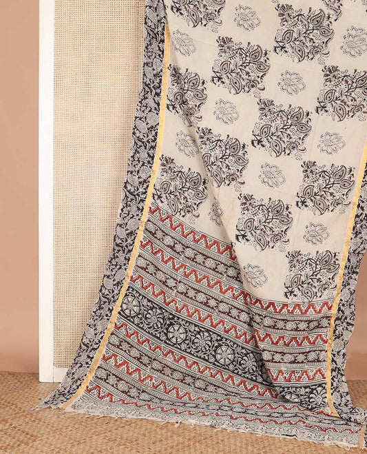 Cream floral buttas machine-printed Kalamkari cotton saree, contrast floral vine printed border, and pallu of temple, and floral creeper designs