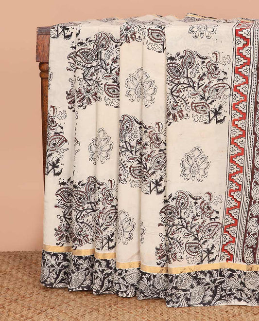 Cream floral buttas machine-printed Kalamkari cotton saree, contrast floral vine printed border, and pallu of temple, and floral creeper designs