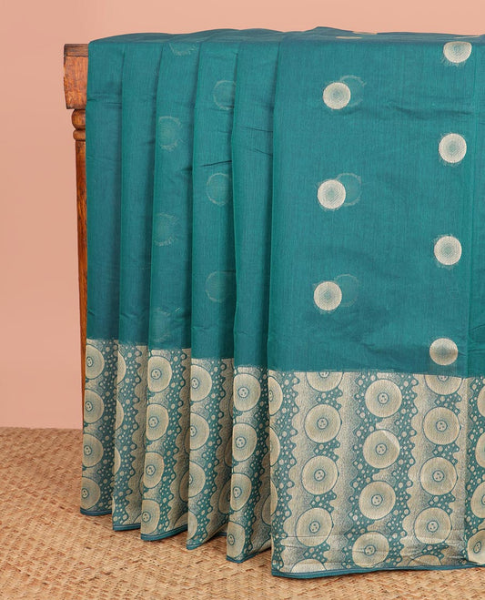Green Coimbatore Cotton Saree, Beautified with Circle Buttas All Over Its Body, Subtly Made Border Steeped with Circle Designs, Pallu Mirrors the Same Body Design, and Paired with a Matching Blouse