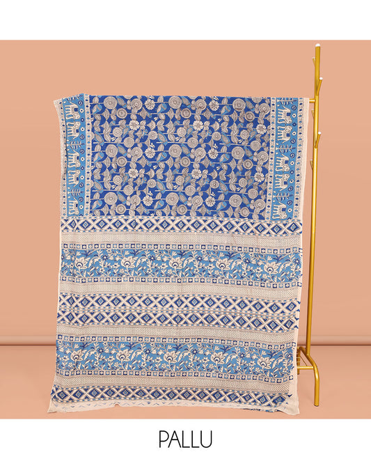 Blue Machine-Printed Kalamkari Cotton Saree, Bedecked with Floral Designs on Its Body, Complemented by a Contrast Elephant Printed Border, Pallu of Floral-Geometric Print, and Paired with a Printed Blouse