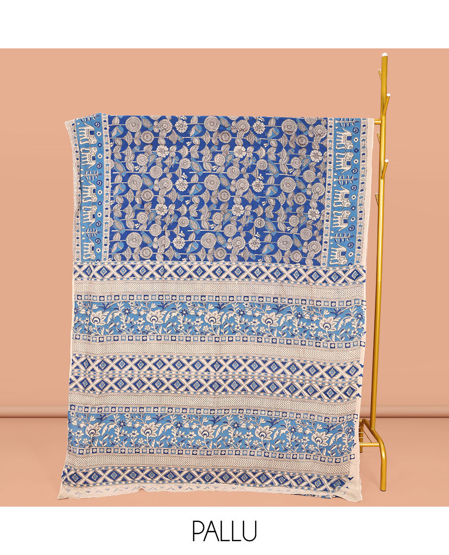 Blue Machine-Printed Kalamkari Cotton Saree, Bedecked with Floral Designs on Its Body, Complemented by a Contrast Elephant Printed Border, Pallu of Floral-Geometric Print, and Paired with a Printed Blouse