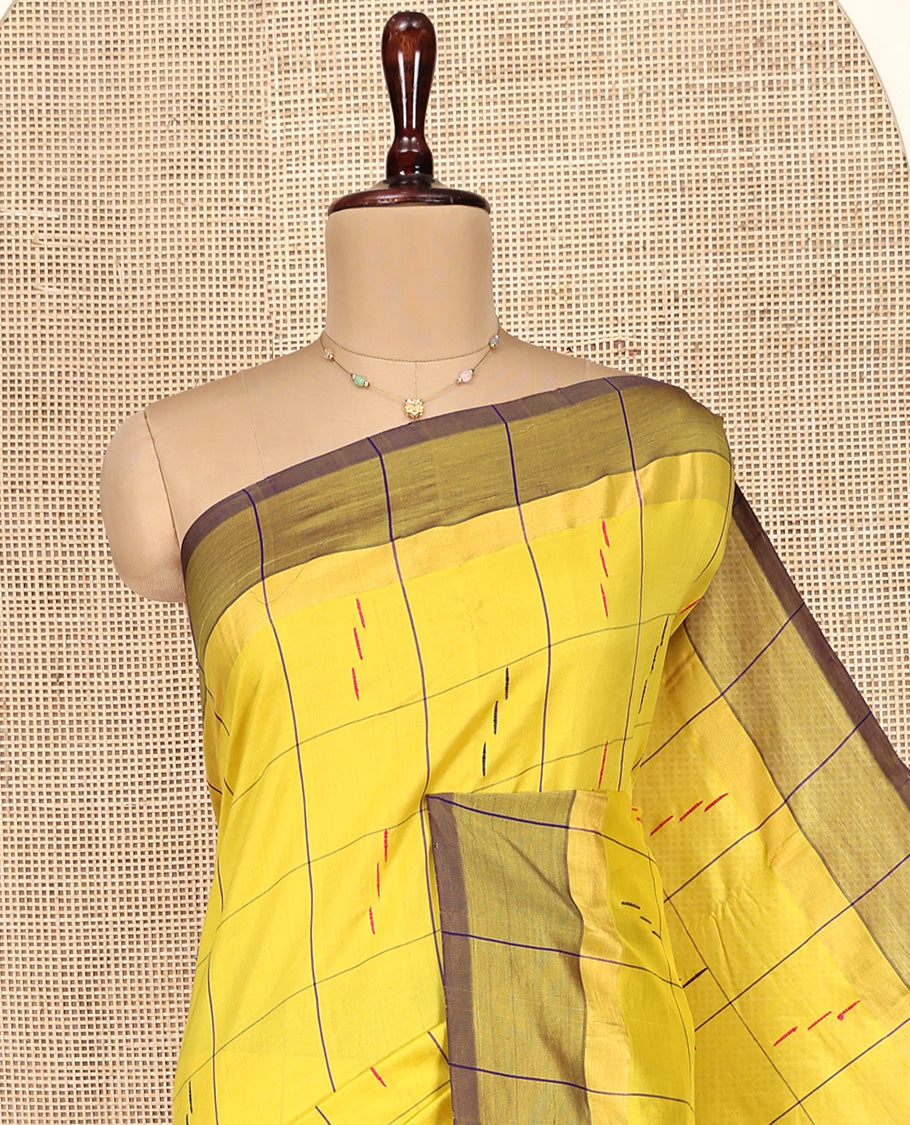 Yellow Poly Cotton Saree, Delicately Woven with Butta Enclosed Checks, Contrast Border, Complemented by Contrast Striped Pallu, and Paired with a Contrast Blouse