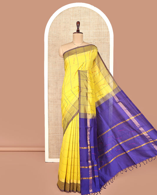 Yellow Poly Cotton Saree, Delicately Woven with Butta Enclosed Checks, Contrast Border, Complemented by Contrast Striped Pallu, and Paired with a Contrast Blouse