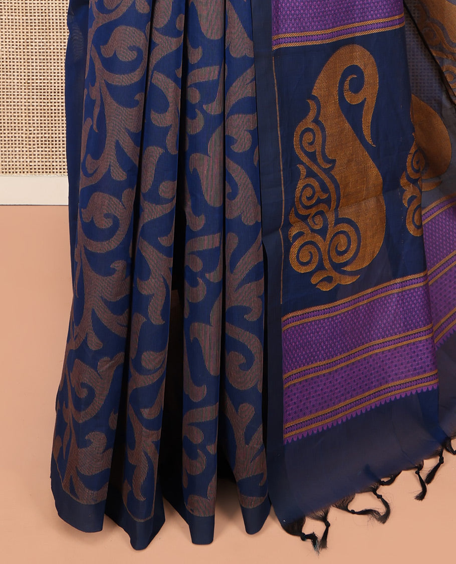 Navy Blue Coimbatore Cotton Saree, Beautified with Floral Vine on Its Body, a Subtle Plain Border, Pallu of Paisleys, and Paired with Matching Blouse