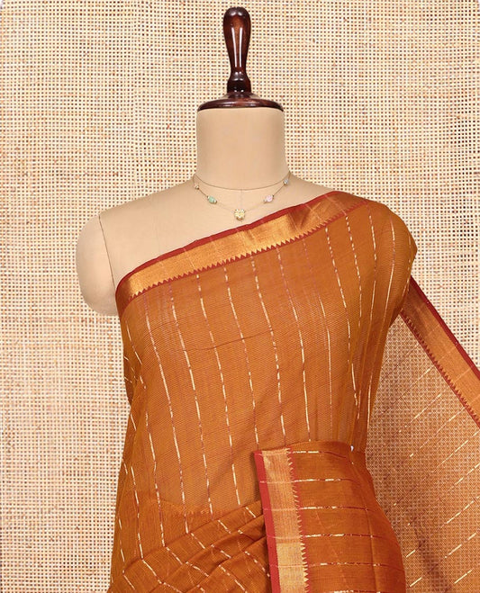 Mustard Mangalgiri Cotton Saree, Gleamed Up with Stripes on Its Body, Complemented by Contrast Zari Temple Border, Zari-Striped Pallu, and Paired with a Matching Blouse