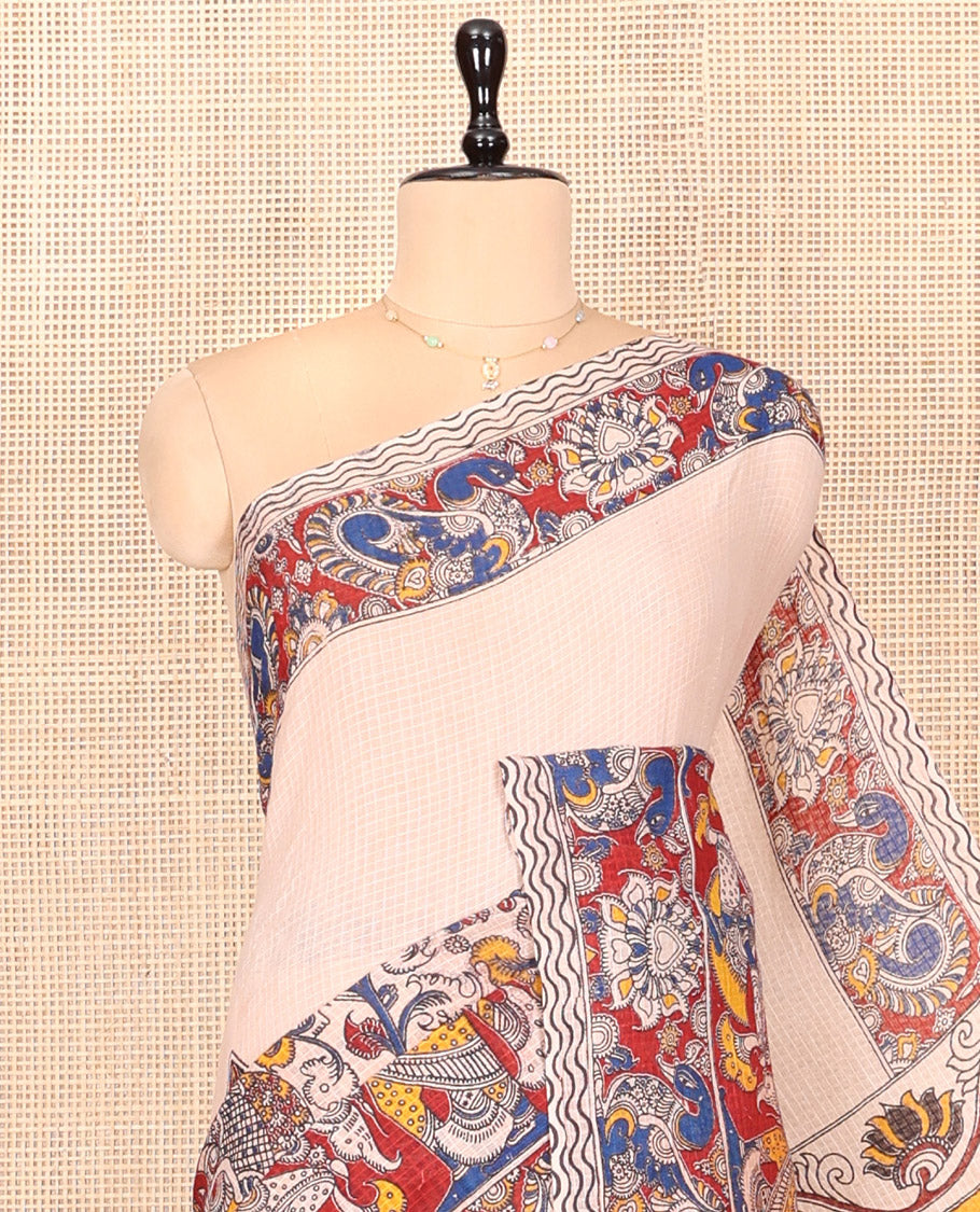 Sandal Kalamkari Cotton Saree Features Floral, Fauna, and Ancient Human Motifs Print, Contrast Printed Border, Peacock Pallu, and a Contrast Blouse
