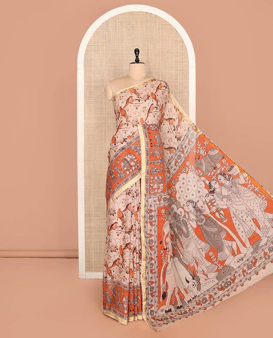 Sandal Machine-Printed Kalamkari Cotton Saree, Detailed with Bird-Floral Motifs, Contrast Human Motifs Printed Border, Pallu of Human Motifs, and a Contrast Blouse