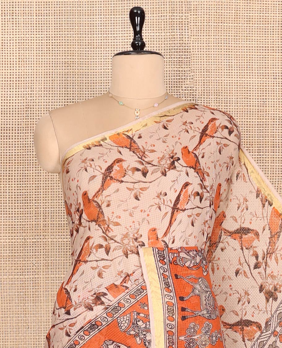 Sandal Machine-Printed Kalamkari Cotton Saree, Detailed with Bird-Floral Motifs, Contrast Human Motifs Printed Border, Pallu of Human Motifs, and a Contrast Blouse