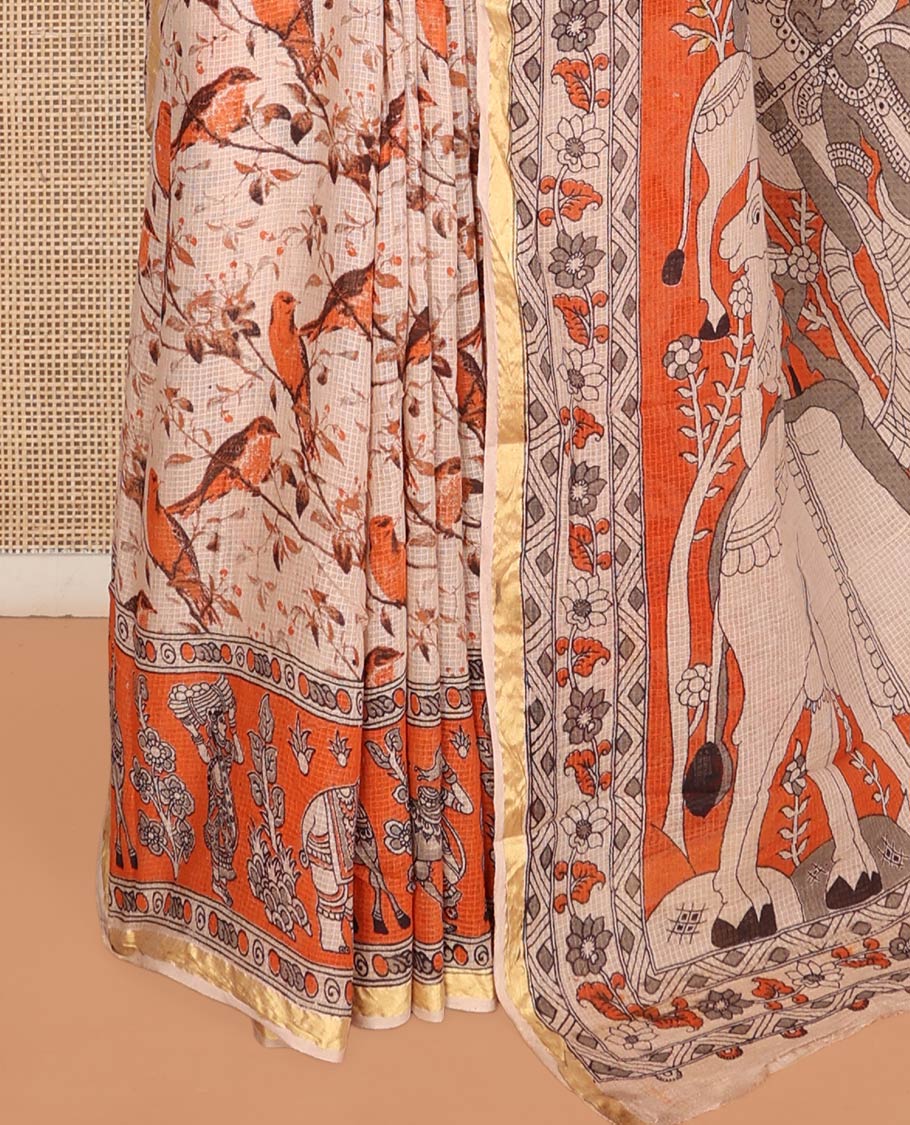 Sandal Machine-Printed Kalamkari Cotton Saree, Detailed with Bird-Floral Motifs, Contrast Human Motifs Printed Border, Pallu of Human Motifs, and a Contrast Blouse