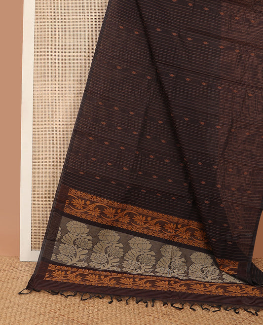 Borderless brown stripes & unique motifs kanchi cotton saree, self-pallu of floral designs