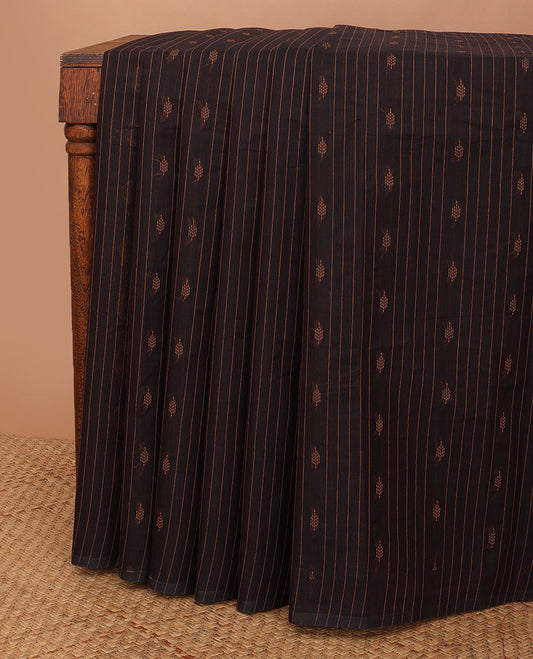Borderless brown stripes & unique motifs kanchi cotton saree, self-pallu of floral designs