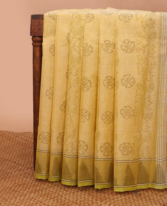 Yellow striped & floral motifs printed Bengal cotton saree, temple border & printed pallu