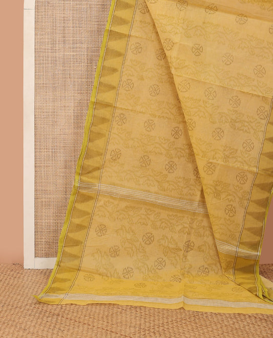 Yellow striped & floral motifs printed Bengal cotton saree, temple border & printed pallu