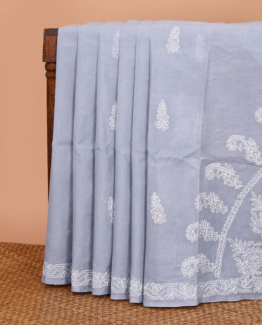 Grey floral thread embroidered buttas Lucknowi chikankari saree, floral creeper thread embroidered border, and paisley embroidered pallu