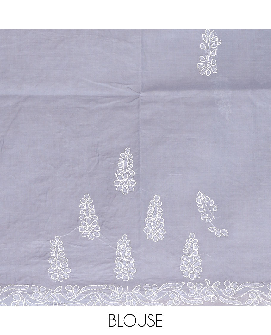 Grey floral thread embroidered buttas Lucknowi chikankari saree, floral creeper thread embroidered border, and paisley embroidered pallu