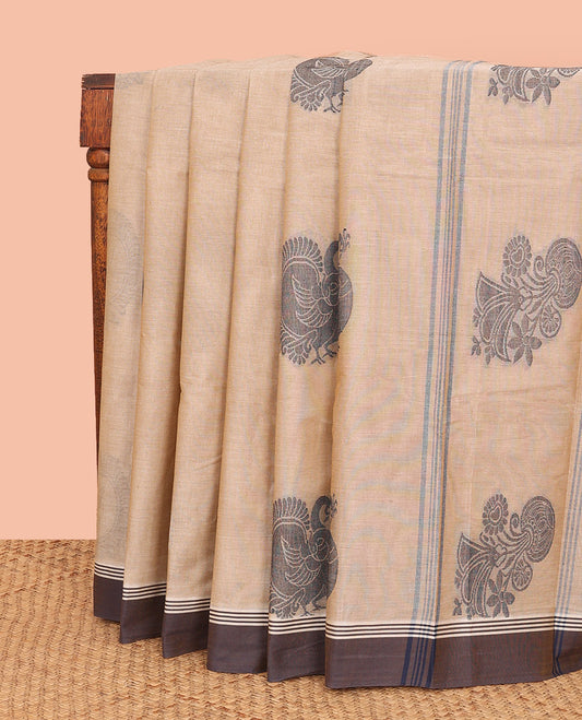 Sandal Kanchi Cotton Saree, Beautified with Peacock Buttas All Over Its Body, Complemented by Contrast Border, Pallu Steeped with Flower Vase Designs, and Paired with a Matching Blouse