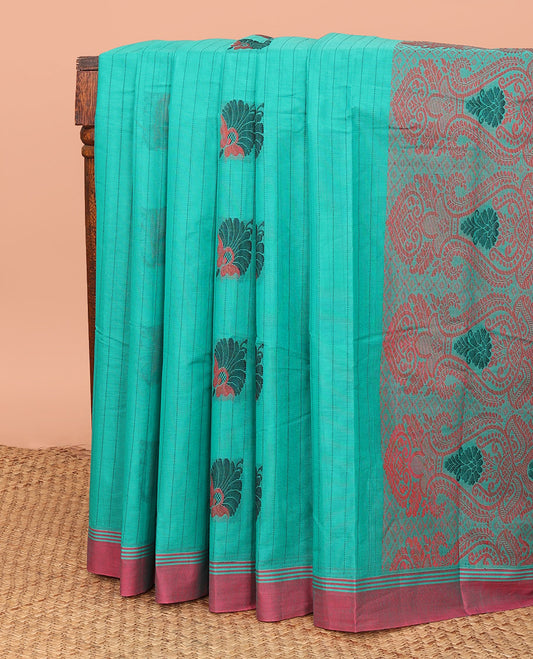Blue Kanchi Cotton Saree, Prettified with  Stripes and Thread Buttas All Over Its Body, Complemented by a Contrast Border, Pallu Features Intricate Designs, and Paired with a Matching Blouse