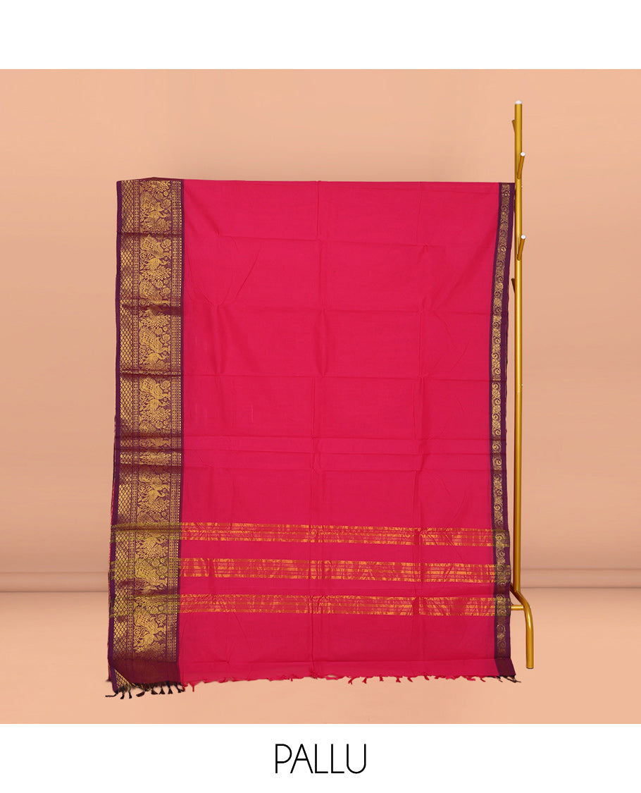 Pink Plain Chettinad Cotton Saree, Complemented by a Contrast Traditional Zari Design Woven Border of Peacocks, Pallu of Stripes, and Paired with a Matching Blouse