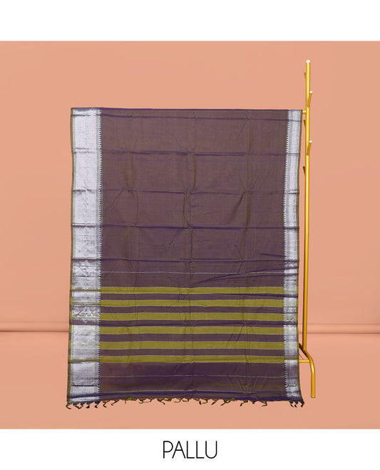 Brown Dual-tone Plain Narayanpet Cotton Saree, Complemented by a Contrast Traditional Design Border, Striped Pallu, and Comes Without a Blouse