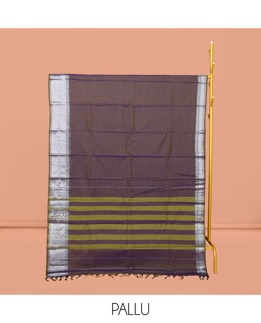 Brown Dual-tone Plain Narayanpet Cotton Saree, Complemented by a Contrast Traditional Design Border, Striped Pallu, and Comes Without a Blouse